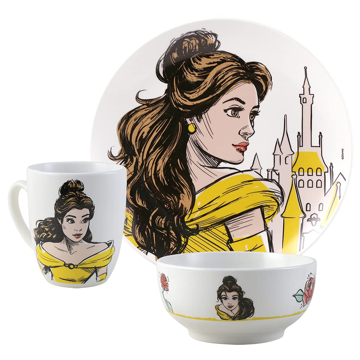 FunKids 2415-3570 Vajilla Familiar Porcelana, Colección Princesas Disney, Diseño Cenicienta, Bella, Rapunzel y Ariel, Vajilla 12 piezas, para 4 personas, Multicolor