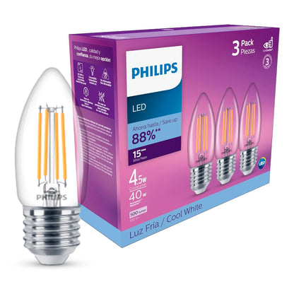 Philips LED Foco Filamento B11 base E27 luz fría 3 Pack