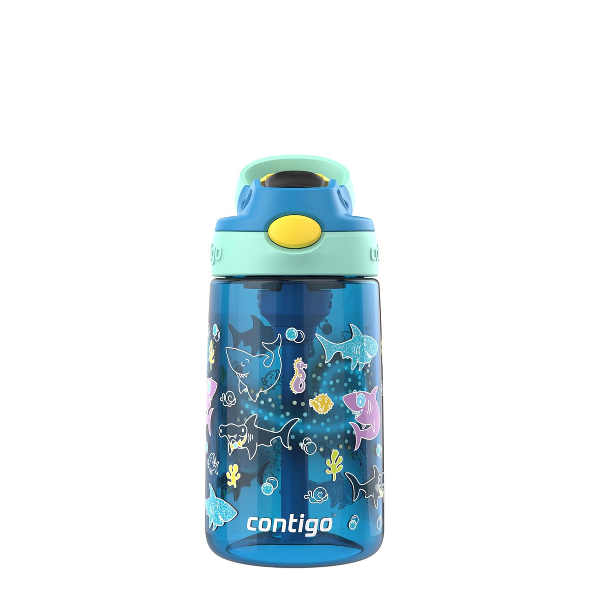 Contigo Botella de Agua para Niños con Popote, 590 ml, Libre de BPA - Juniper (Dino GFX); Blue Poppy (Shark GFX) - 14oz (Pack of 2)