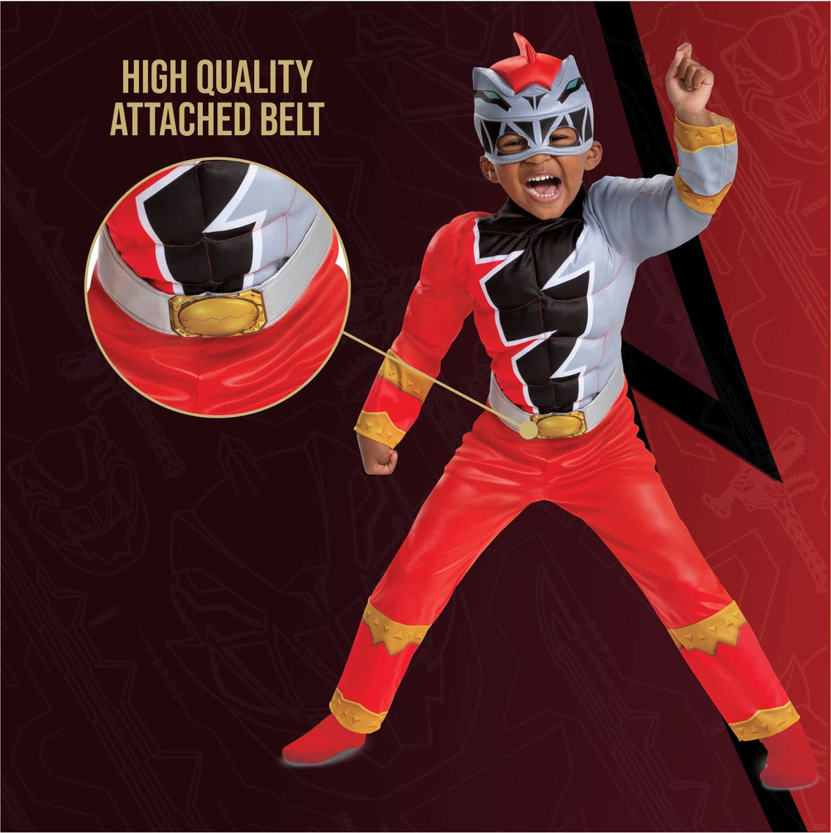 Disfraz muscular de Red Ranger para niño, traje oficial de Power Rangers Dino Fury con máscara, talla M (3T-4T)