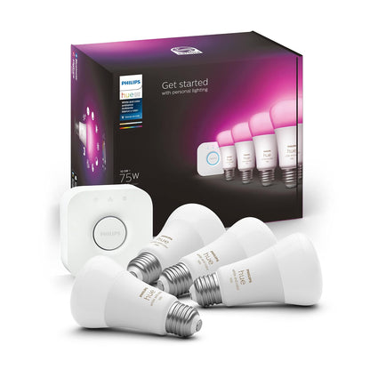 Focos Philips Hue Luz Multicolor 4 Focos A19 + Hue Bridge - Compatible con Alexa + Foco Filamento regulable tipo A19 decorativo Wifi - Compatible con Alexa