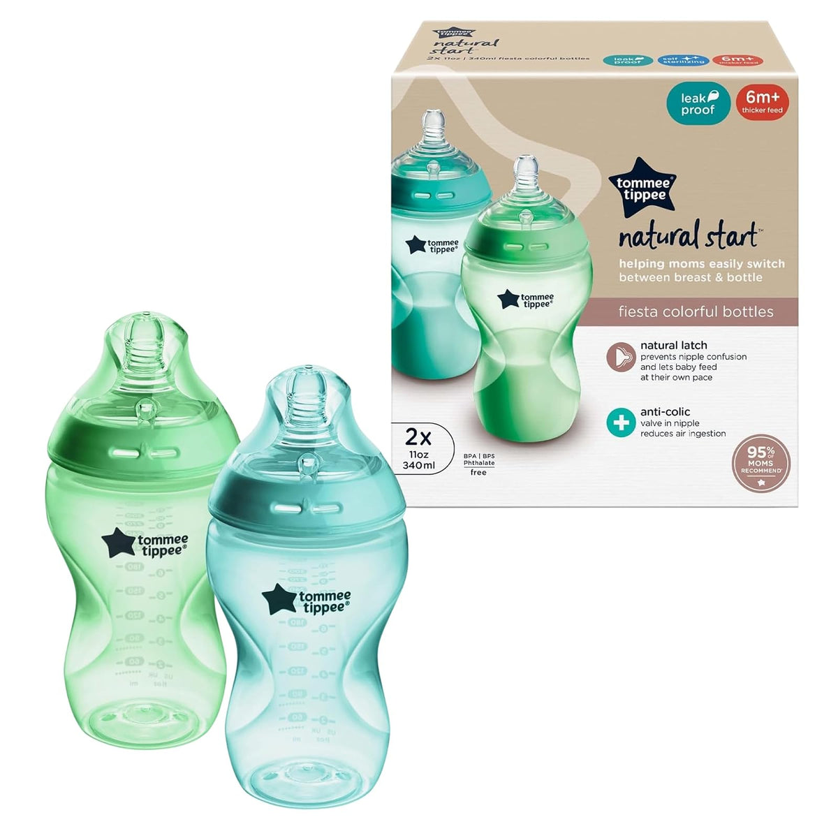 Tommee Tippee Natural Start Biberón para Alimento Espeso, 340 ml, Paquete de 3 - Azul - Verde - 330 ml (11 oz), Paquete de 2