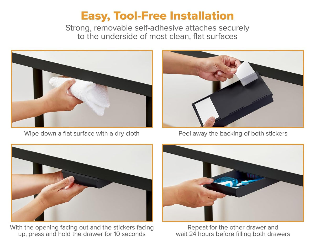 Bostitch Konnect - Cajón para debajo del computadora, organizador de almacenamiento autoadhesivo con 4 divisores personalizables, paquete de 2