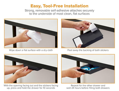 Bostitch Konnect - Cajón para debajo del computadora, organizador de almacenamiento autoadhesivo con 4 divisores personalizables, paquete de 2