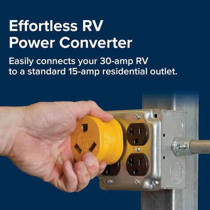 Camco PowerGrip - Adaptador para Autocaravana - Cuenta con una conexión Macho de 15 amperios (NEMA 5-15P) y Hembra de 30 amperios (NEMA TT-30R), Nominal para 125V/1875W (55223)