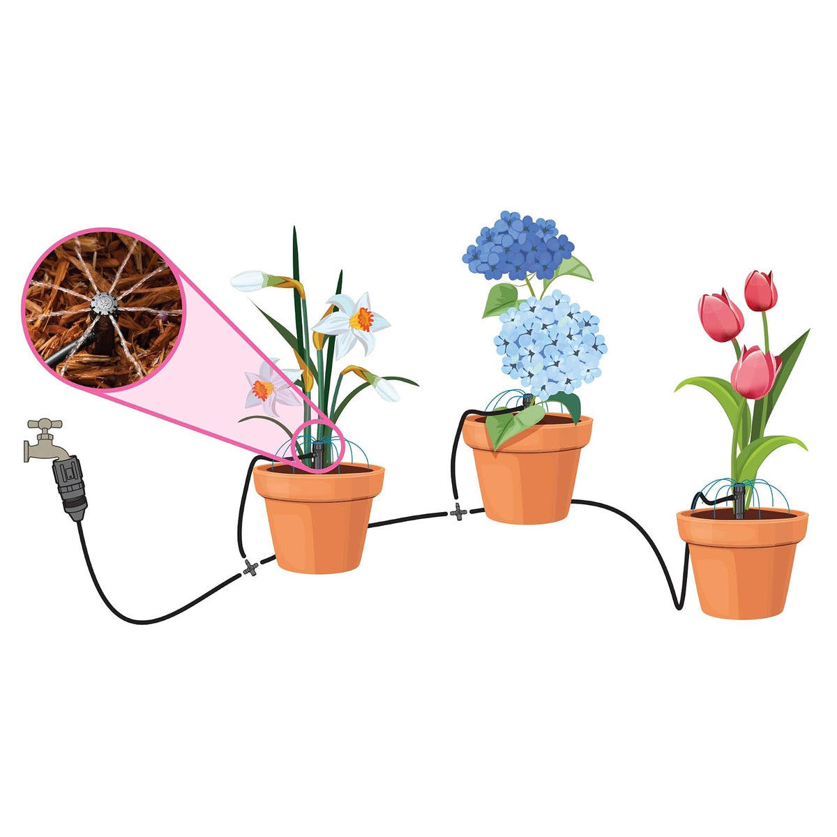 Rain Bird POTTEDKIT Recipiente de riego por goteo/kit de riego de plantas en maceta, se conecta a llave/manguera de jardín, tubo de goteo de 1/4 pulgadas, micro burbujas de 360°, accesorios en T y