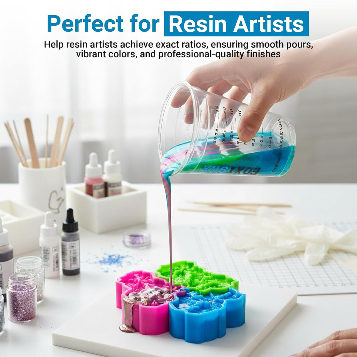 EpoxyStix [Paquete de 50] Vasos graduados de 12 onzas, para mezclar de 350 ml, para mascotas duraderas, marcas de medición transparentes en oz, ml y tazas, para resina, pintura, mezcla y manualidades
