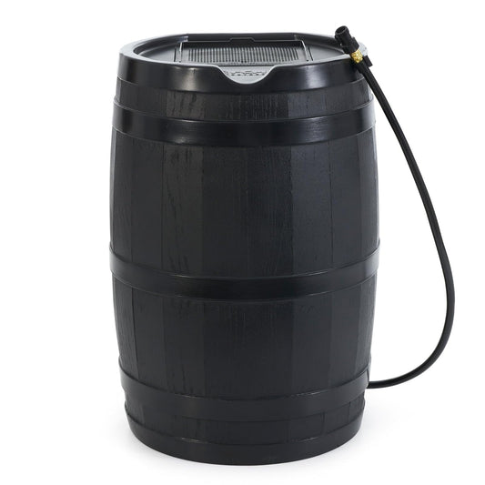 FCMP RC45-BLK - Barril de lluvia para exteriores (45 galones), barril de agua con parte trasera plana para regar plantas al aire última intervensión, jardines y paisajes, color negro