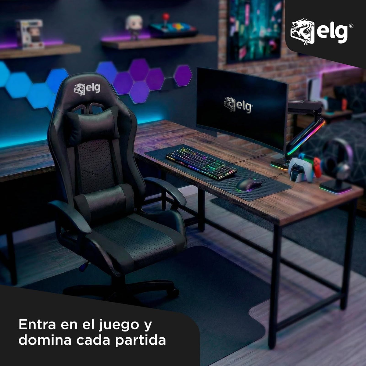 Silla ergonómica para Juegos Syrax con Ajuste de Altura y Estructura Reforzada Que soporta 120 kg, Negro, CH36BK, ELG