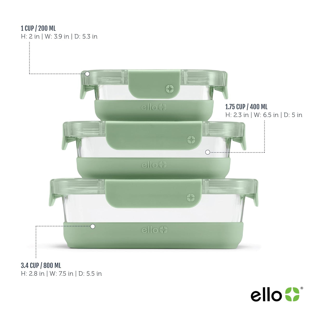 Ello Duraglass - Juego de 6 unidades, paquete de 3 unidades, recipiente de vidrio para almacenamiento de alimentos con funda de silicona y tapas de plástico herméticas sin BPA, apto para lavaplatos