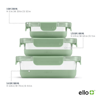 Ello Duraglass - Juego de 6 unidades, paquete de 3 unidades, recipiente de vidrio para almacenamiento de alimentos con funda de silicona y tapas de plástico herméticas sin BPA, apto para lavaplatos