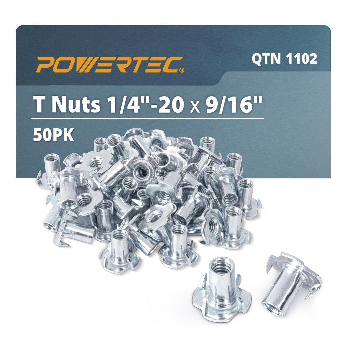 Powertec Tuercas en T de 4 Puntas para Madera, Paquete de 50 - 9 - 16"(50PK)