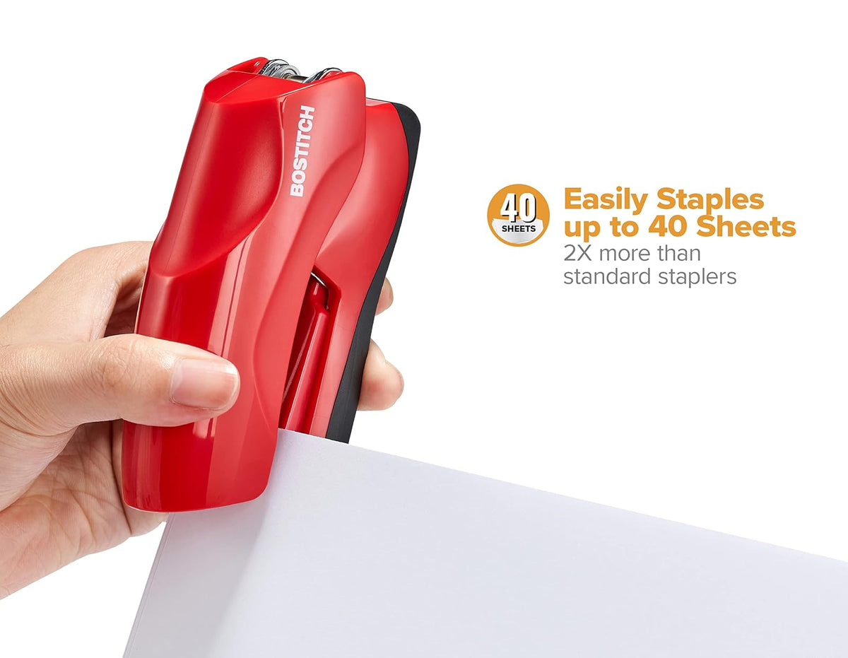 Bostitch Office - 40 hojas resistentes con 1250 grapas y removedor de grapas, grapadora de computadora sin atascos, tableros de anuncios escolares, oficina y aula, rojo (B175-RED-VP)