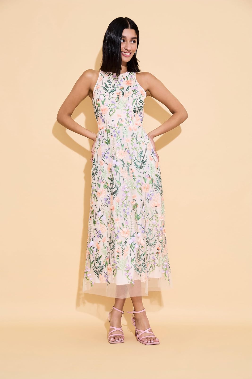 Maggy London Women's Floral Embroidered Halter Midi Dress with Back V-Neck