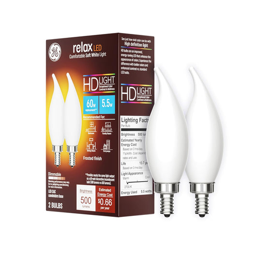 GE Frosted Relax HD 60 W, luces blancas suaves, CA11 bombillas (paquete de 2)