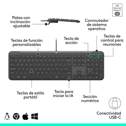 Logitech K620 Signature Slim for Business Teclado Alámbrico, tamaño estándar, USB-C Plug and Play, Windows/Mac/Chrome/PC/Notebooks - Color Grafito