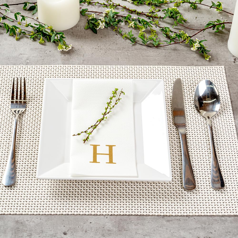 Luxenap - Toallas de lino de 15.8 x 7.9 pulgadas, 50 toallas de mano con letras - letra dorada 'H', letra Sans Serif Font, servilletas de papel blanco, airlaid, para baños y mesas, artículos de