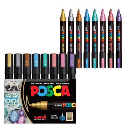 Posca - Juego de 8 marcadores de pintura medianos, 5 m, tonos metálicos, dorado, plata, bronce, azul, verde, rojo, rosa, violeta