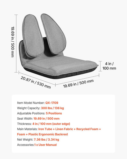 VEVOR Silla de Suelo Relax, Silla Reclinable con Soporte Lumbar Ergonómico, Respaldo Ajustable en 5 Posiciones, Acolchado de Espuma, Marco Metálico y Tapizado de Lino, para Lectura Descanso, Gris
