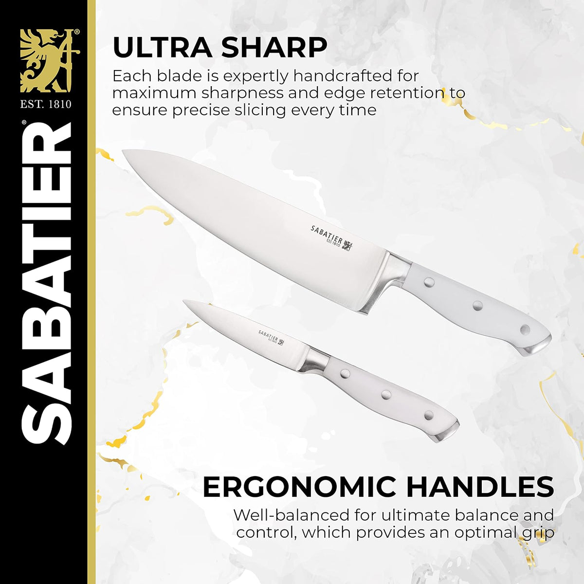 Sabatier Juego de 15 Cuchillos Forjados Edgekeeper | Con afilador integrado, acero inoxidable de alto carbono, bloque de acacia, color blanco