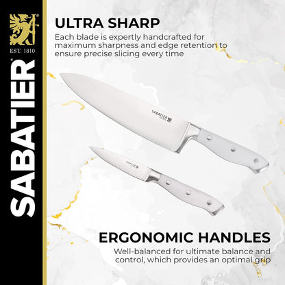 Sabatier Juego de 15 Cuchillos Forjados Edgekeeper | Con afilador integrado, acero inoxidable de alto carbono, bloque de acacia, color blanco