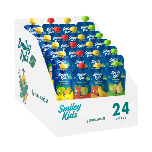 Smiley Kids Caja /24 Papilla Convencional – Manzana + Mango, Manzana + Plátano, Manzana + Pera y Manzana