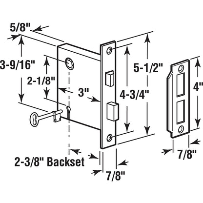 Prime-Line E 2294 Kit de montaje de cerradura de mortaja para interiores de estilo clásico, acero fundido, acabado chapado en latón, llave de esqueleto antigua, parte posterior, eje cuadrado máximo de