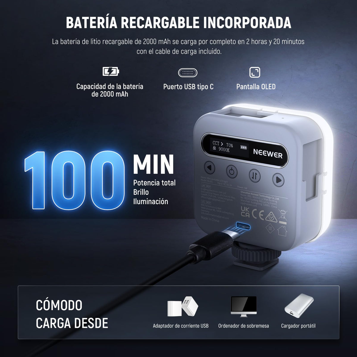 NEEWER Básico Luz Vídeo RGB Magnética Mini Luz Cámara 360° Todo Color CRI96+ 2500-9000K 18 Escenas 3 Zapatos Fría y 1/4" 2000mAh Portátil Recargable para Selfie/Trípode Fotografía Iluminación, BL60C