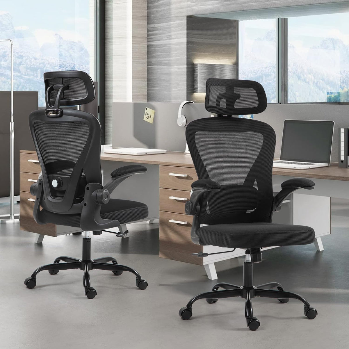 Cokos Silla de Oficina Ergonómica Giratoria Regulable con Reposabrazos Reposacabezas y Soporte Lumbar Apta para Oficinas y Salas de Estudio, Negro