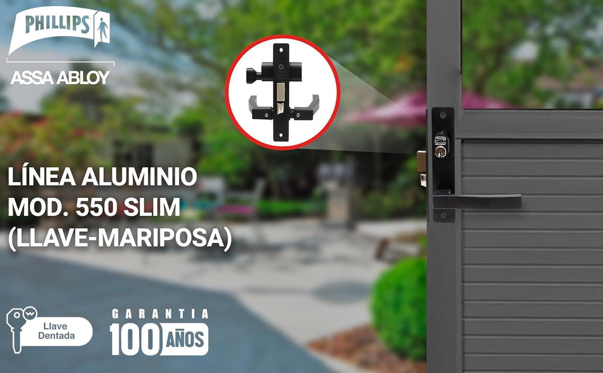Phillips Cerradura Modelo Slim 555 Manija Cuadrada Para Puerta De Aluminio Negro