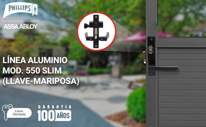 Phillips Cerradura Modelo Slim 555 Manija Cuadrada Para Puerta De Aluminio Negro