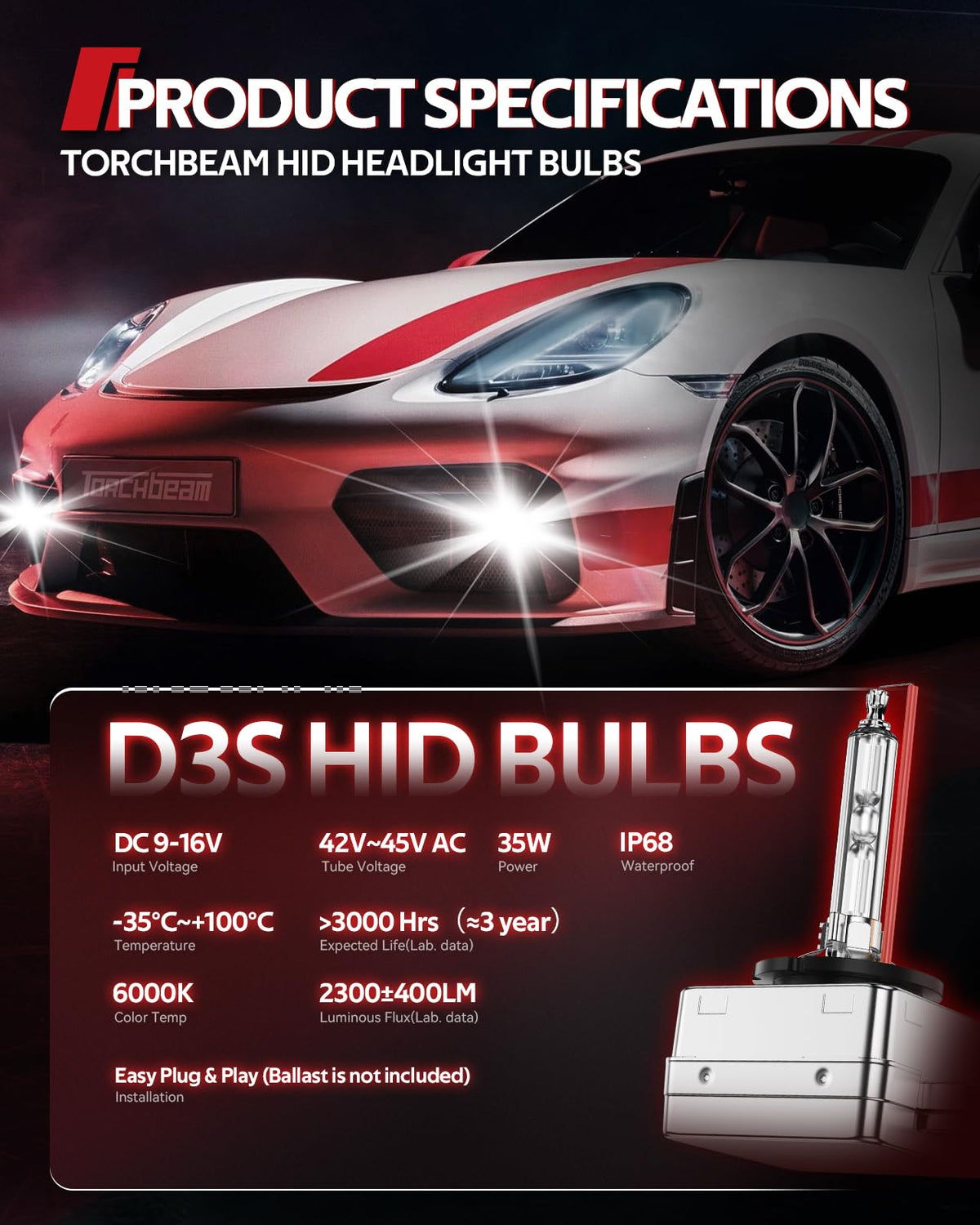 Torchbeam D3S Bombillas HID 6000K Blanco Frío 35W 66340 42403 42302 Repuesto Xenón 2 Piezas