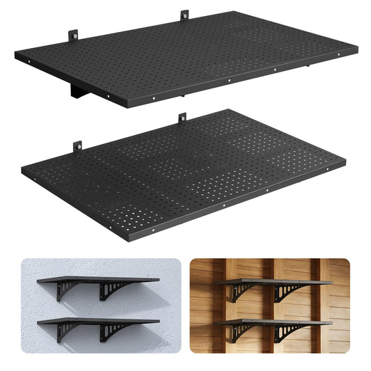 VEVOR Estantería de Pared de Acero Resistente 610x914 mm, Carga 254kg en Total 127kg por Estante, Distancia Ajustable, Juego de 2 Estanterías Flotantes con Ganchos para Garaje Cocina Lavandería Taller