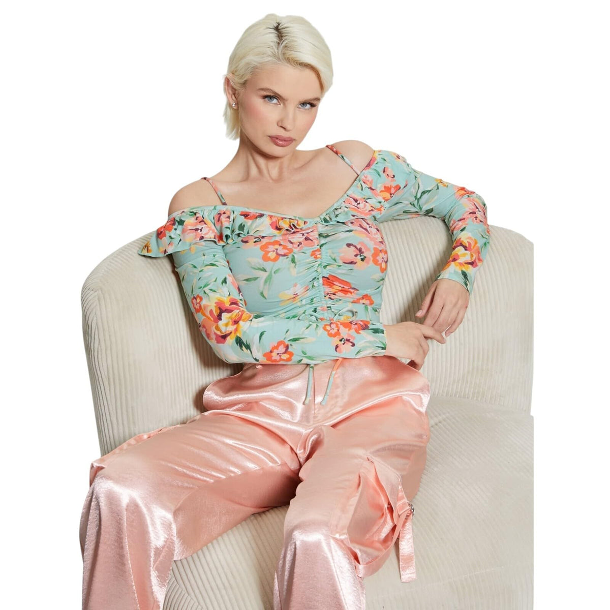 LS Off Shldr Ruffle Shaina Top Guess, Multicolor, L
