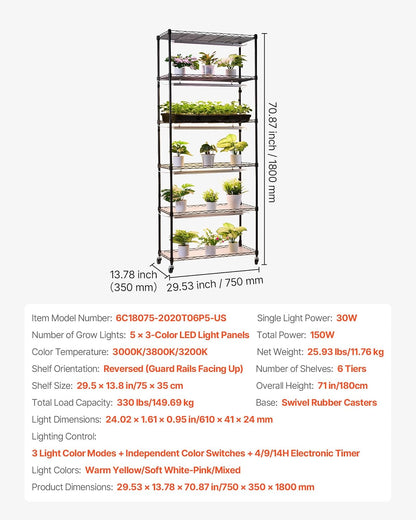 VEVOR Soporte para Plantas con Luz de Cultivo 6 Niveles 180 cm 150 W, Estante para Plantas con Ruedas, Temporizador de 4/9/14 H, 3 Modos de Iluminación, para Crecimiento de Planta, 750x350x1800 mm