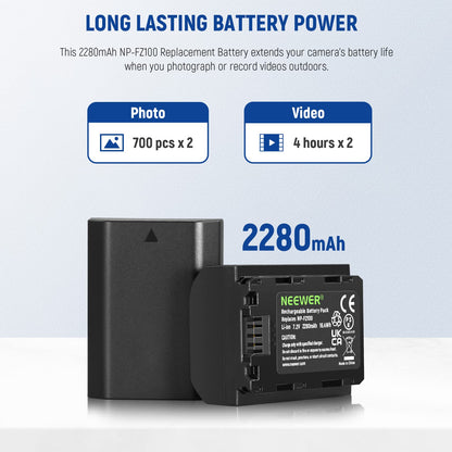 NEEWER 2280mAh NP-FZ100 Juego de Cargador de Batería de Repuesto,2 Baterías y 1 Estuche de Carga de Doble Canal USB Compatible con Sony A7 III A7 IV A1 A9 II A9 A7S III A7R IV A7R III A7C A6600