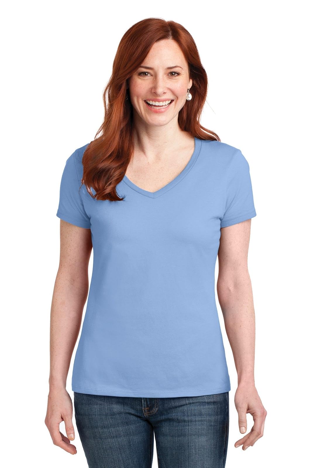 Hanes Playera Cuello en V para Mujer, 100% Algodón - Azul claro - 1 paquete - G