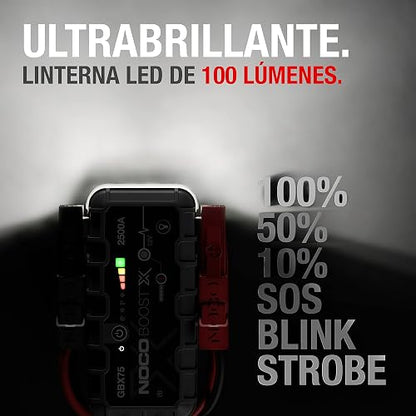 NOCO Boost X GBX75: Arrancador de batería de Auto 2500A – Booster de Litio portátil 12V, Power Bank y Cables para Pasar Corriente – para Motores de Gasolina hasta 8.5L y diésel hasta 6.5L