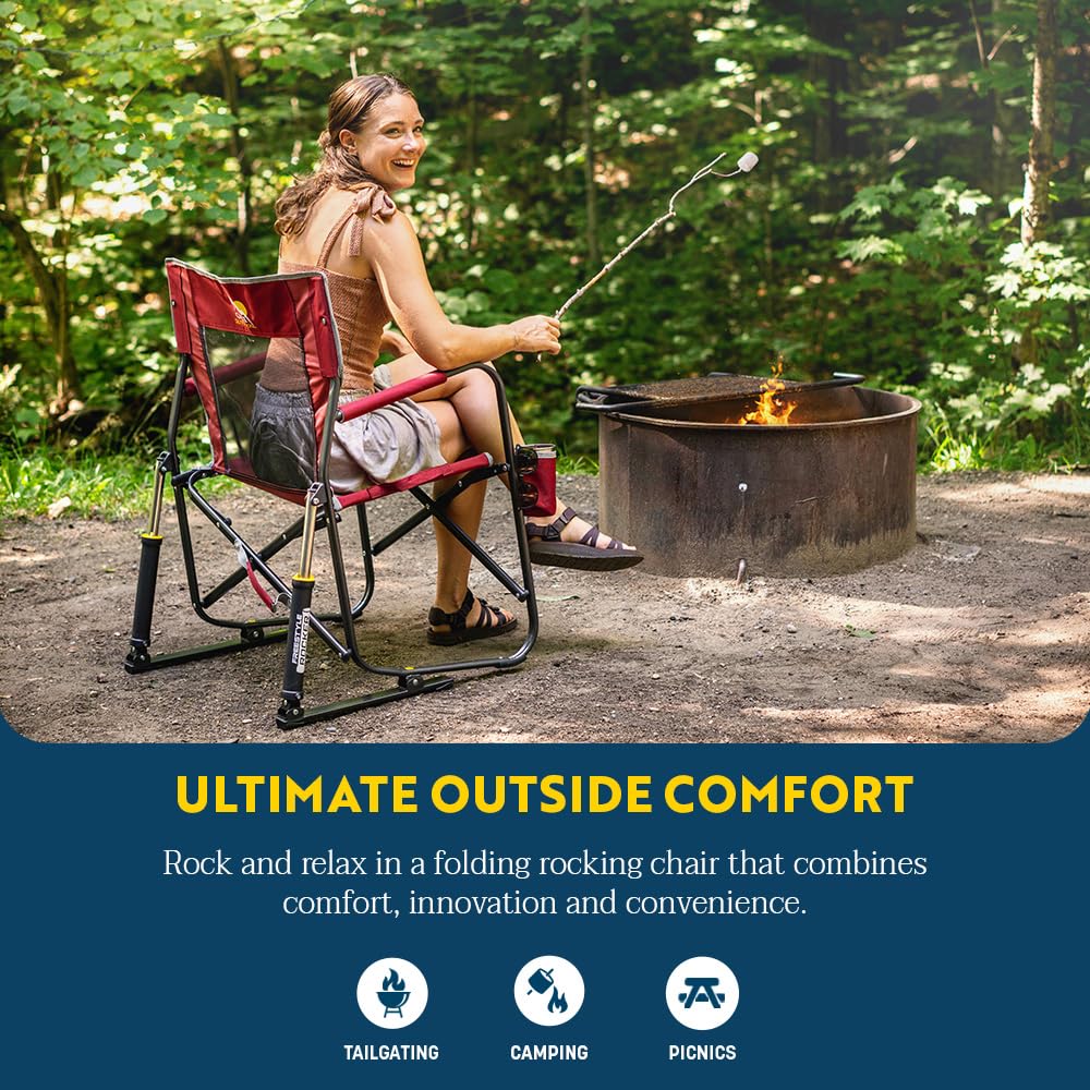 GCI Outdoor - Silla Mecedora Plegable portátil con reposabrazos sólidos y duraderos, Soporte para Bebidas y Respaldo cómodo, Color Azul Real