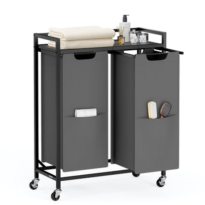 VASAGLE - Clasificador de ropa, 29 galones. UBLH021G01 - Cesta de lavandería con 2 compartimentos, carrito con ruedas, estante, bolsas extraíbles, bolsillos, gris pizarrón y gris carbón - Gris pizarrón + gris carbón - 2 Bags (24.8"L)