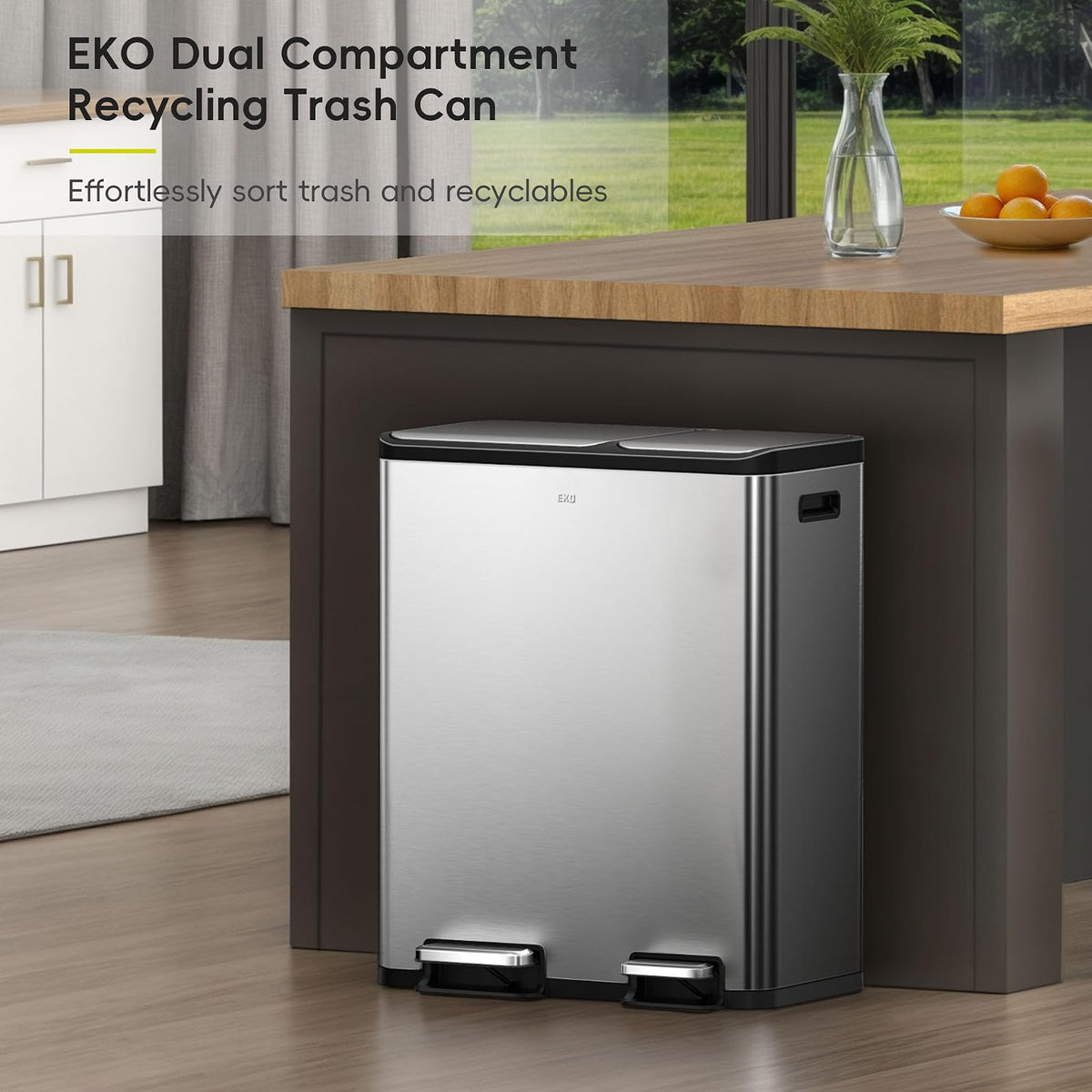 EKO EcoCasa - cubeta de basura de acero inoxidable de doble paso para reciclaje, cubeta de basura rectangular de cocina de 30 l+20 l, pedales y tapas independientes, cierre suave y resistente a las