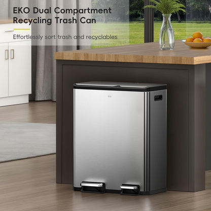 EKO EcoCasa - cubeta de basura de acero inoxidable de doble paso para reciclaje, cubeta de basura rectangular de cocina de 30 l+20 l, pedales y tapas independientes, cierre suave y resistente a las
