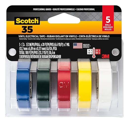 Scotch Vinyl 35 Cinta eléctrica, 5 rollos, paquete multicolor, ideal para reparación de cables y aislamiento eléctrico, material de vinilo de alta calidad para mayor durabilidad, uso en interiores y