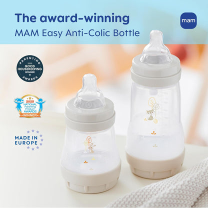 MAM - Biberones anticólicos de fácil inicio de 9 onzas, flujo medio con 2 pezones adicionales (flujo rápido y extra rápido), reduce los cólicos, gas y reflujo, fáciles de limpiar, sin BPA, 2 meses más