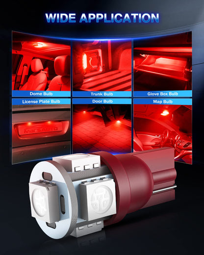 Marsauto 194/T10 Focos LED Rojos 5 SMD sin Polaridad para Cúpula, Mapa, Puerta, Matrícula, Paquete de 10