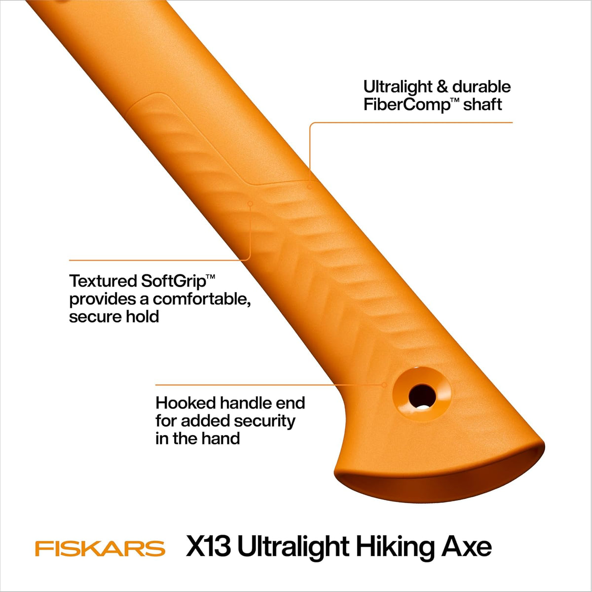 Fiskars X13 - Hacha de Senderismo Ultraligera, 33 cm, Hacha de Camping | Ultra afilado para cortar Kindling y Bushcraft, naranja de alta visibilidad, extremo llamativo para estacas de tienda de