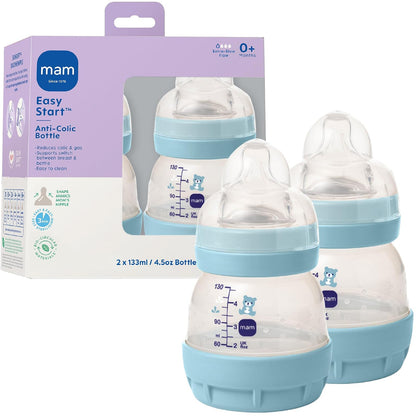 MAM Easy Start Biberón Anticólico 133 ml, Flujo Extra Lento, 2 Piezas - Azul - Paquete con 2