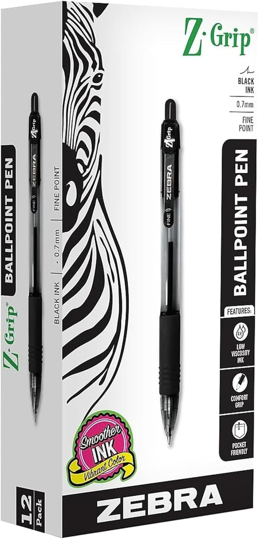 ZEBRA Pen Z-Grip - Bolígrafo retráctil, punta fina, 0,7 mm, tinta negra, paquete de 12