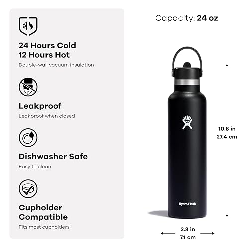 Hydro Flask - Botella de agua de acero inoxidable aislada, tapa estándar con popote, no derrama, a prueba de fugas en 24 onzas, color gris abedul