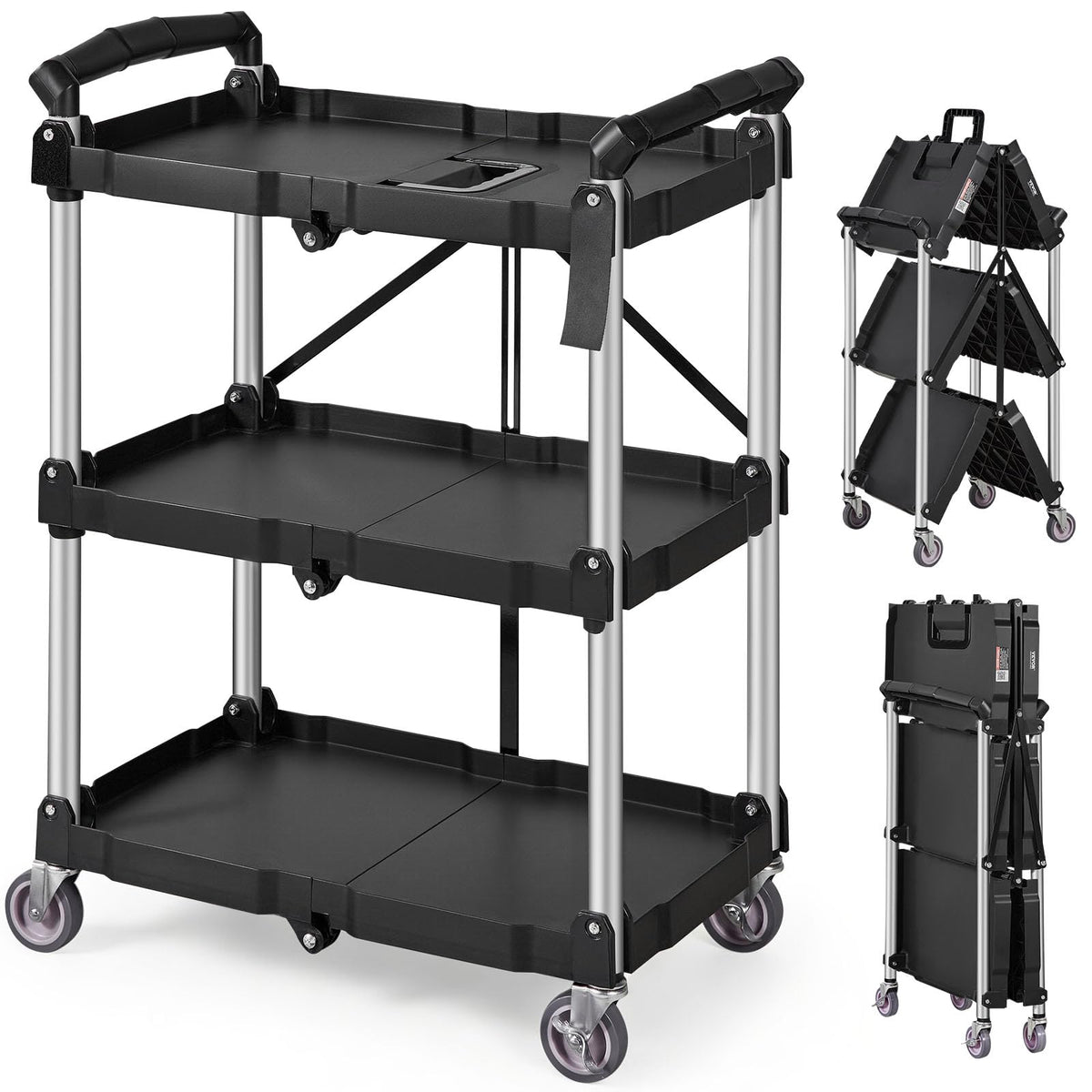 VEVOR Foldable Utility Service Cart, 3 Shelf 165LBS Heavy Duty Plastic Rolling Cart with Lockable Wheels, Ergonomic Handle, Portable Garage Tool Cart for Warehouse/Office/Home(25.62"x15.43"x32.76")